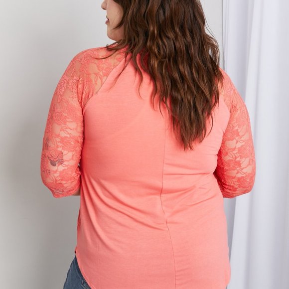 Zenana Full Size Spliced Lace Half Sleeve Round Neck Top in Deep Coral - Picture 7 of 10